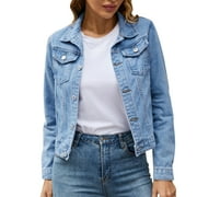 Clearance! Hontri Women's Basic Solid Color Button Down Denim Cotton Jacket with Pockets Denim Jacket Coat Women's Denim Jackets Blue L